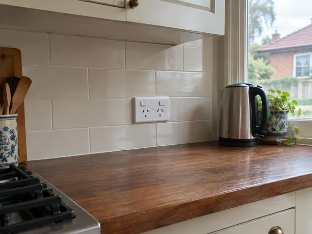 Double power point on tiled kitchen splashback above timber bench in West Ryde