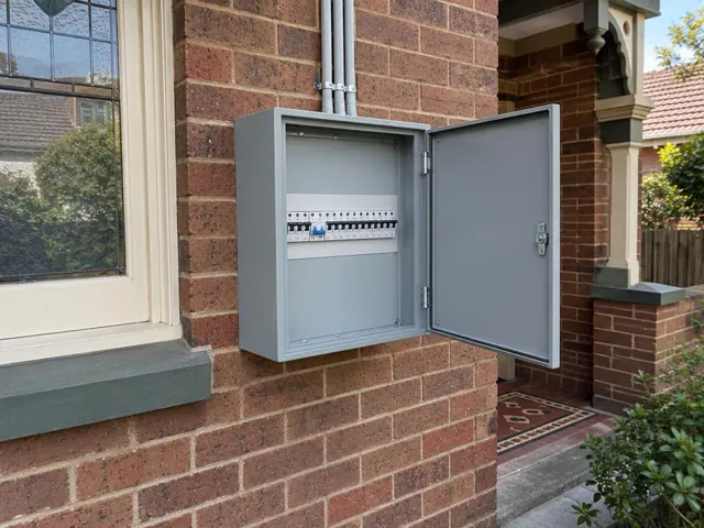 Exterior switchboard cabinet on a brick house wall beside a window in Eastwood